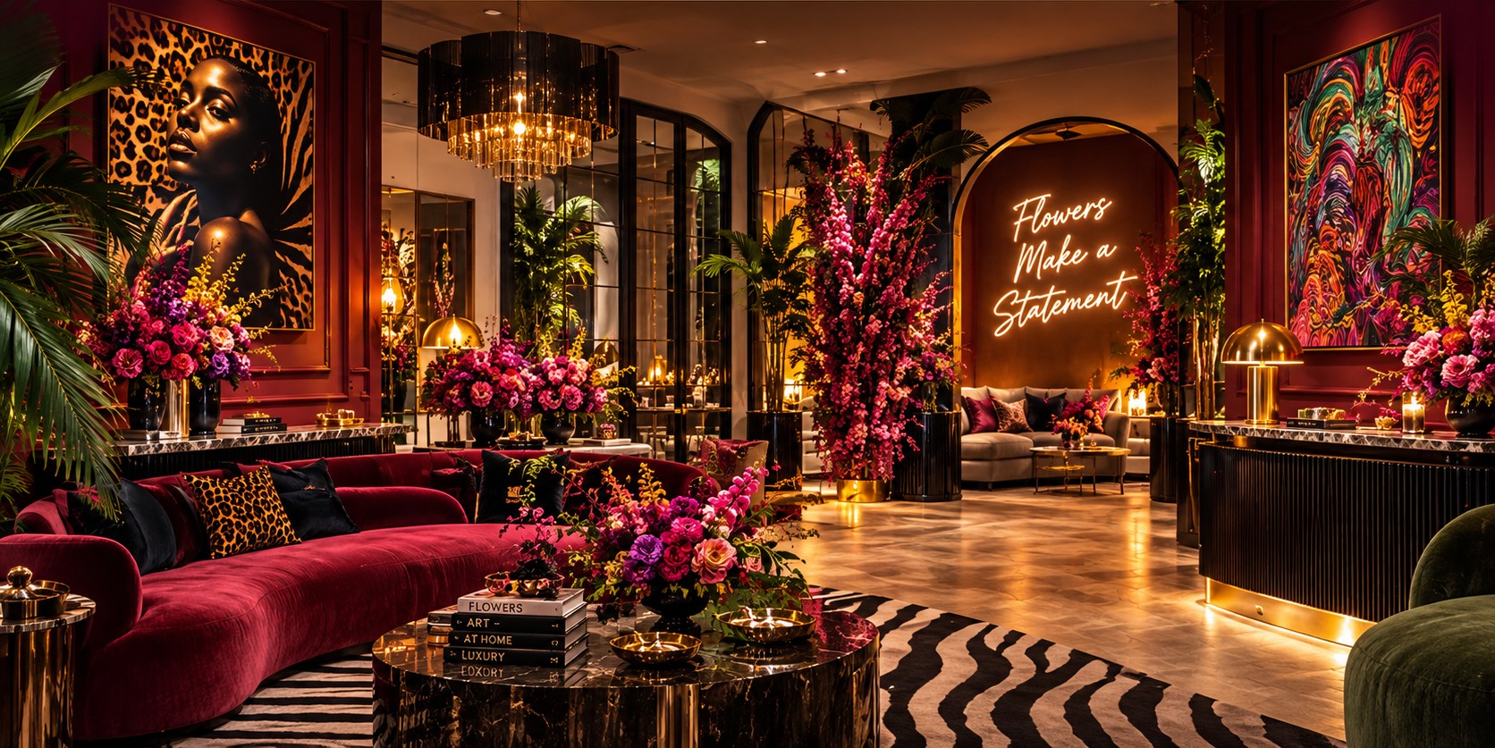 CallaVelle luxury floral salon with portrait artwork, burgundy velvet sofa, dramatic flowers and greenery